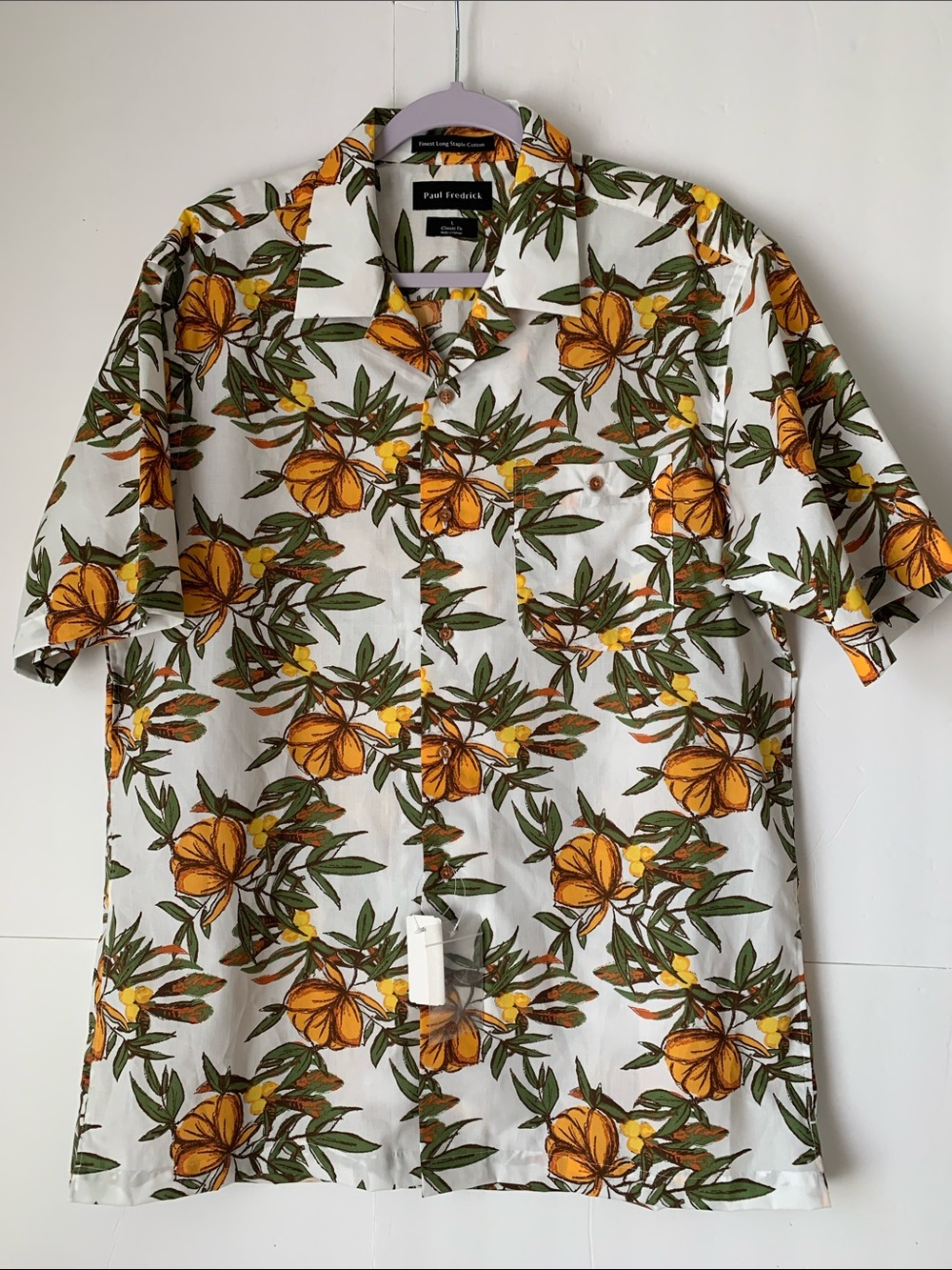 NWT Paul Fredrick Floral Short-Sleeve Button-Down Orange Blooms Pocket Size L